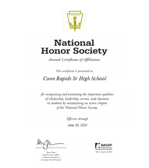 National Honor Society Annual Certificate of Affiliation